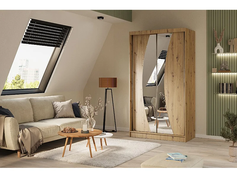 120 cm Kleiderschrank Vex mit Spiegel inklusive 2 Schiebetüren Schwebetürenschrank (Farbe: artisan)