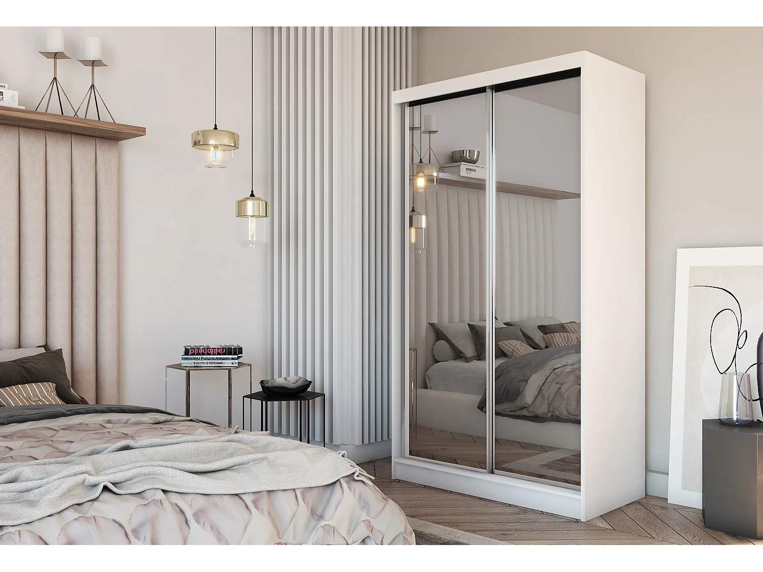 120 cm Kleiderschrank Darix mit Spiegel inklusive 2 Schiebetüren Schwebetürenschrank (Farbe: weiß)