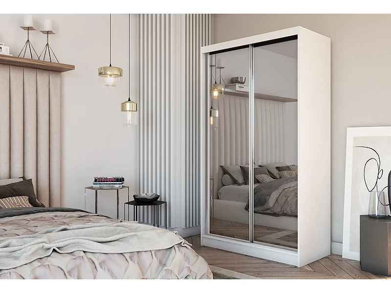 120 cm Kleiderschrank Darix mit Spiegel inklusive 2 Schiebetüren Schwebetürenschrank (Farbe: weiß)