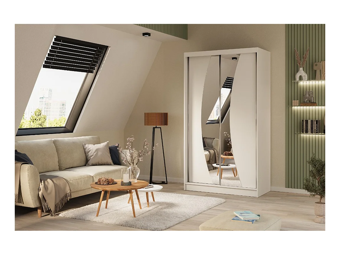 120 cm Kleiderschrank Vex mit Spiegel inklusive 2 Schiebetüren Schwebetürenschrank (Farbe: weiß)