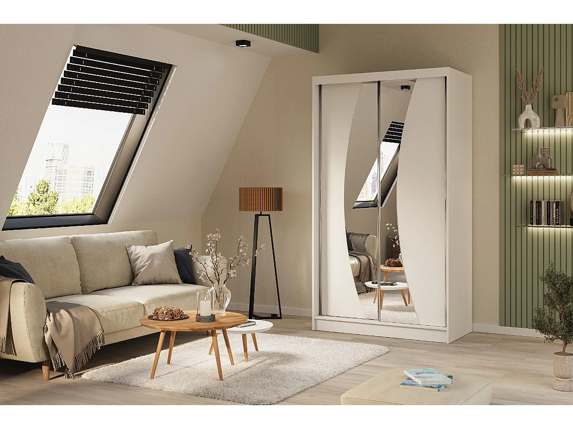 120 cm Kleiderschrank Vex mit Spiegel inklusive 2 Schiebetüren Schwebetürenschrank (Farbe: weiß)