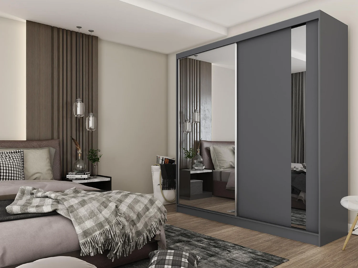 200 cm Kleiderschrank Gabo mit Spiegel inklusive 2 Schiebetüren Schwebetürenschrank (Farbe: graphit)