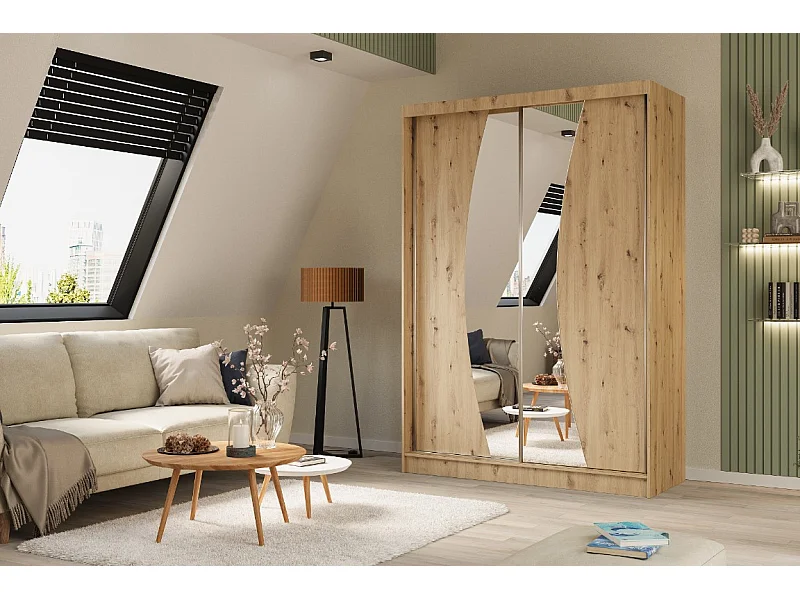 150 cm Kleiderschrank Vex mit Spiegel inklusive 2 Schiebetüren Schwebetürenschrank (Farbe: artisan)