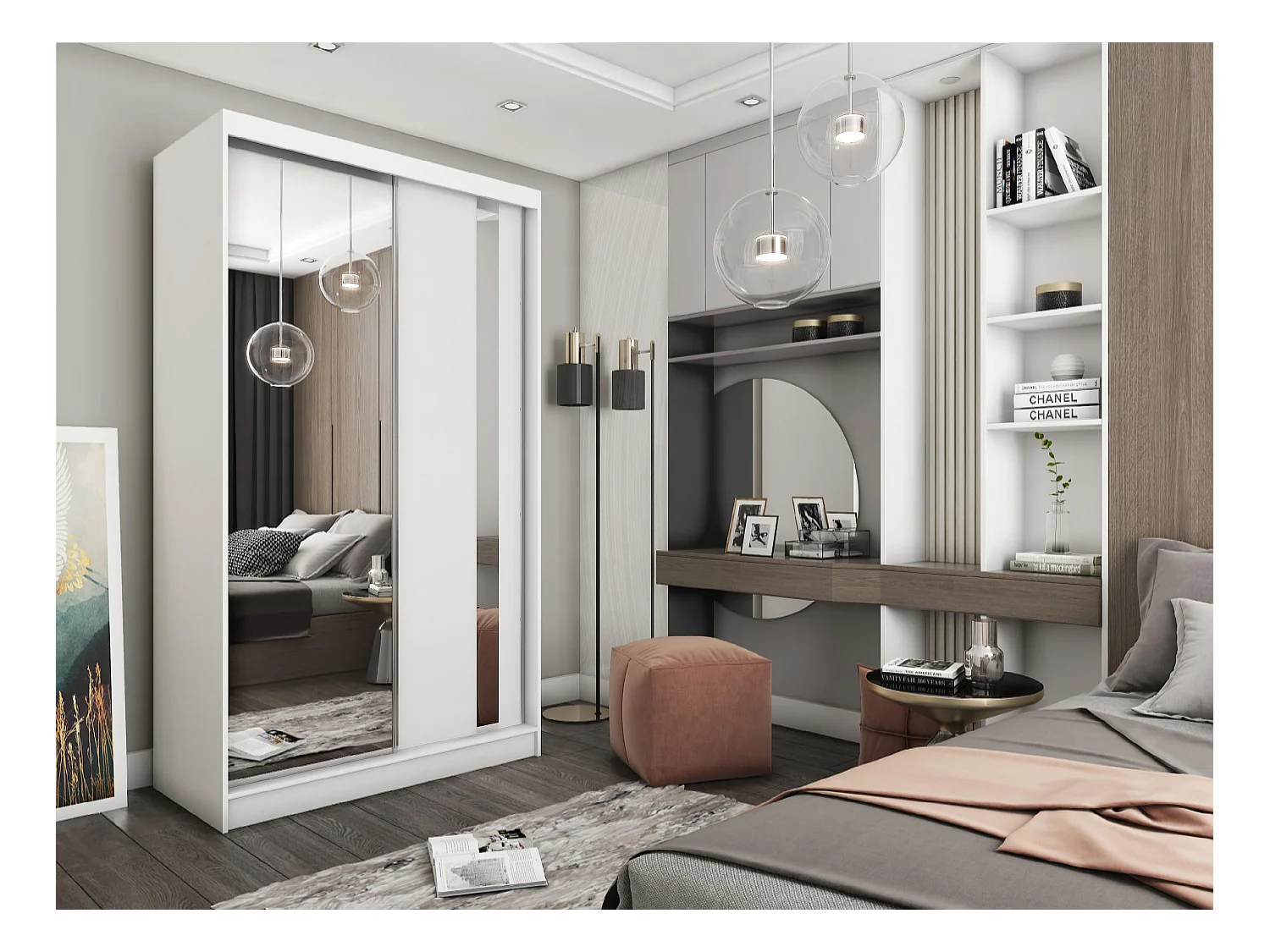 150 cm Kleiderschrank Gabo mit Spiegel inklusive 2 Schiebetüren Schwebetürenschrank (Farbe: weiß)