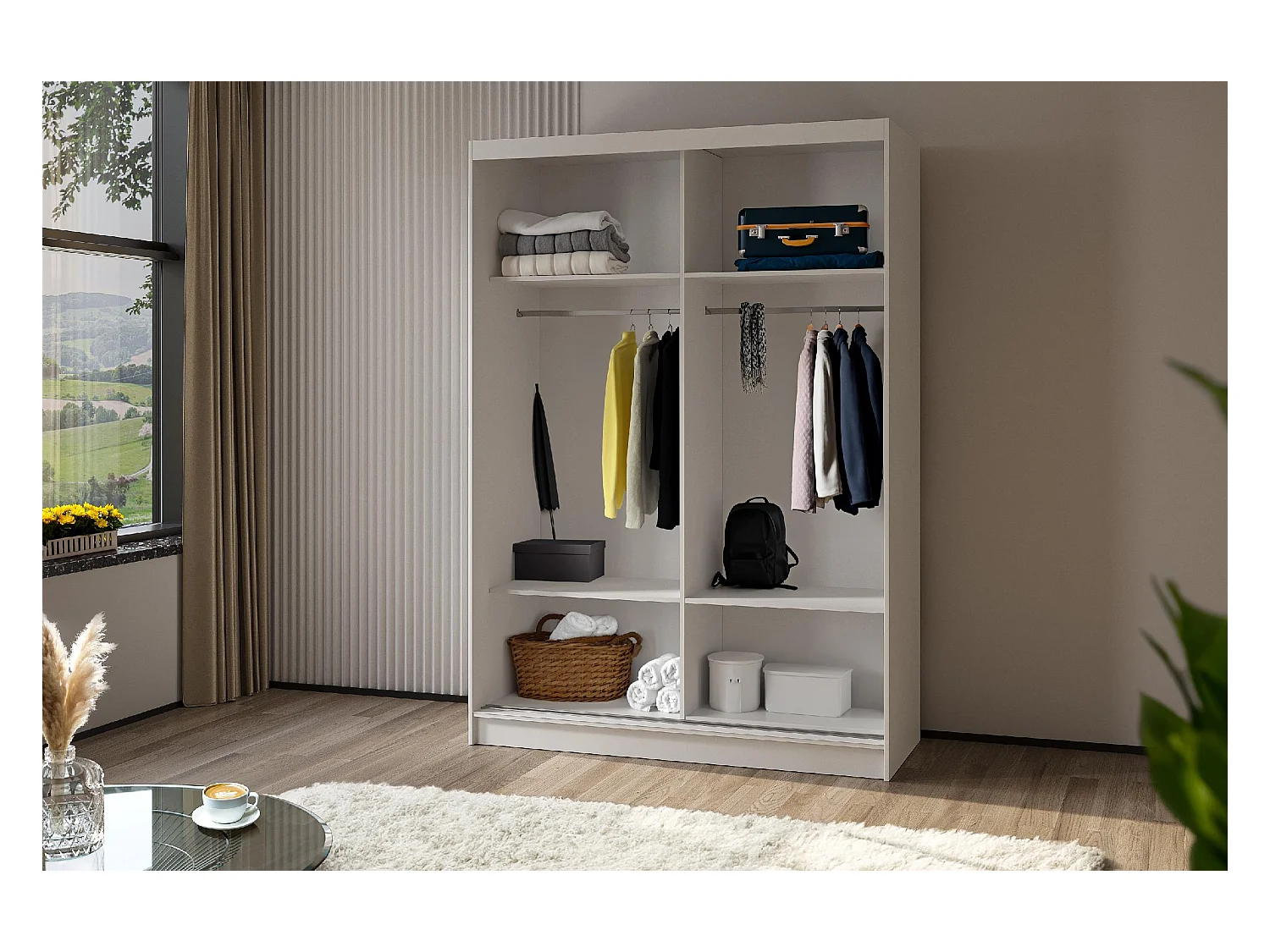 150 cm Kleiderschrank Gabo mit Spiegel inklusive 2 Schiebetüren Schwebetürenschrank (Farbe: weiß)