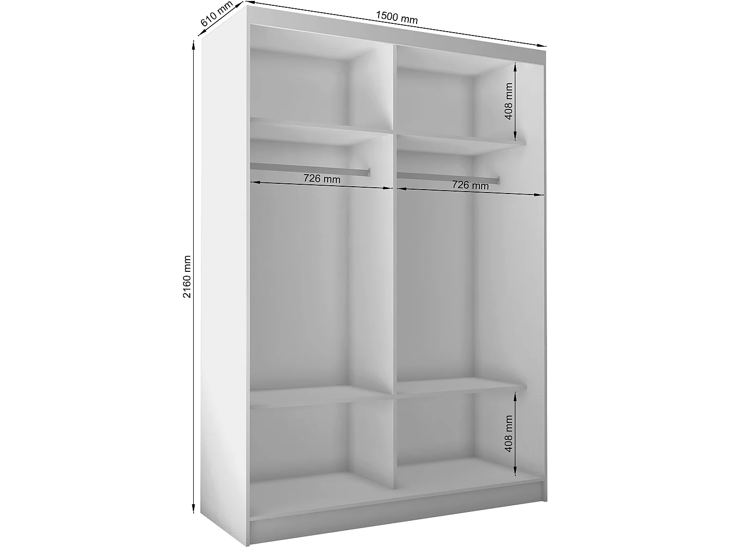 150 cm Kleiderschrank Gabo mit Spiegel inklusive 2 Schiebetüren Schwebetürenschrank (Farbe: weiß)