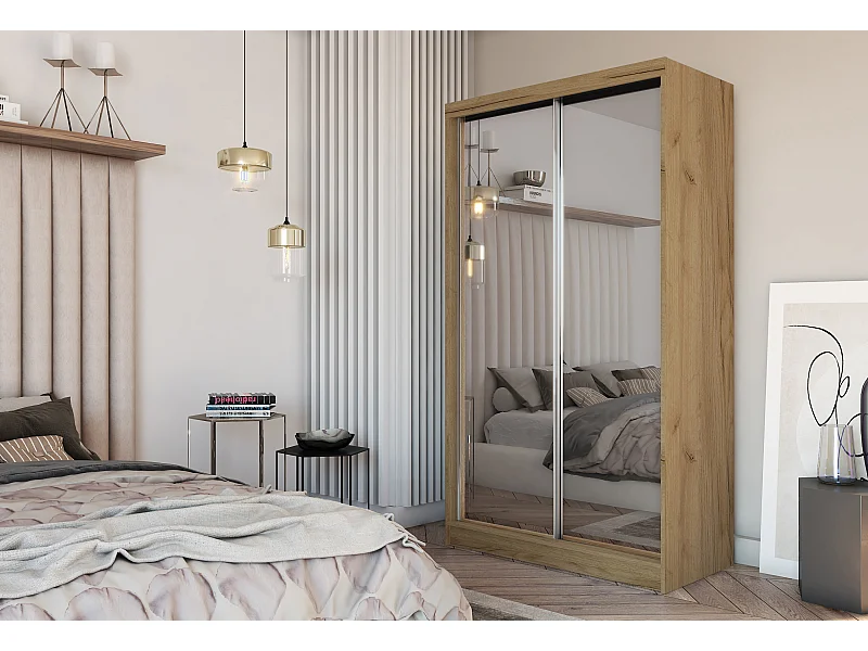 150 cm Kleiderschrank Darix mit Spiegel inklusive 2 Schiebetüren Schwebetürenschrank (Farbe: artisan)