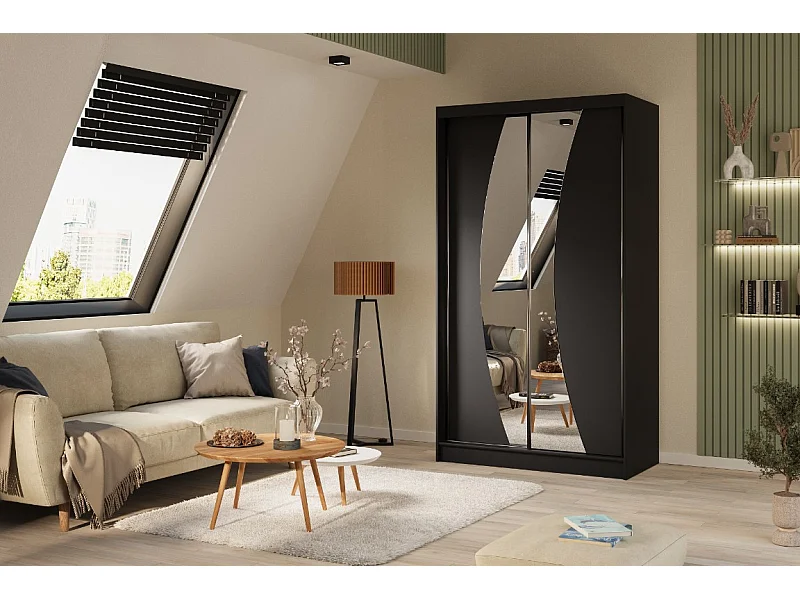 120 cm Kleiderschrank Vex mit Spiegel inklusive 2 Schiebetüren Schwebetürenschrank (Farbe: schwarz)