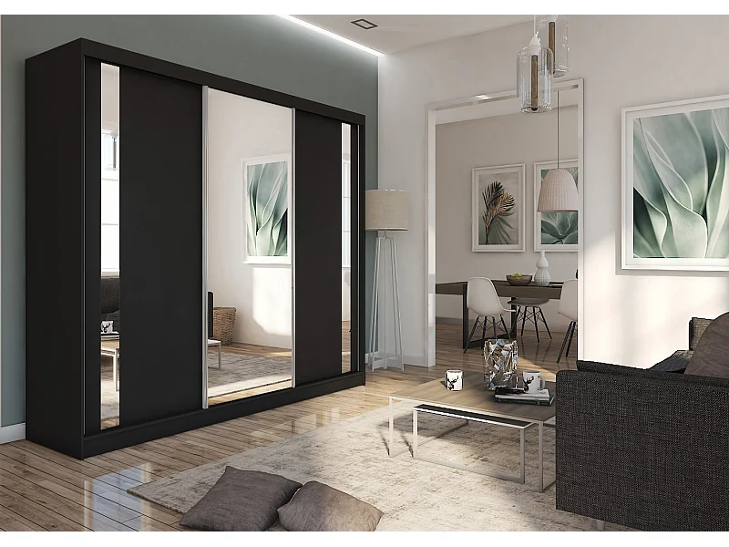 240 cm Kleiderschrank Gabo mit Spiegel inklusive 3 Schiebetüren Schwebetürenschrank (Farbe: schwarz)