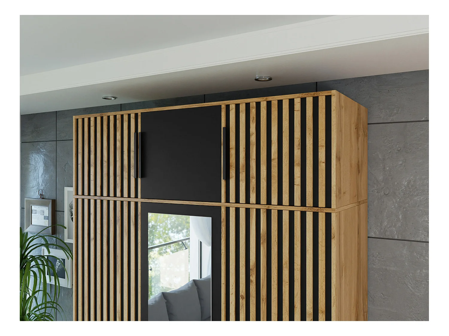 Aparador Enolevo 105, Negro|Roble wotan, 45x150x58cm, Aglomerado laminado