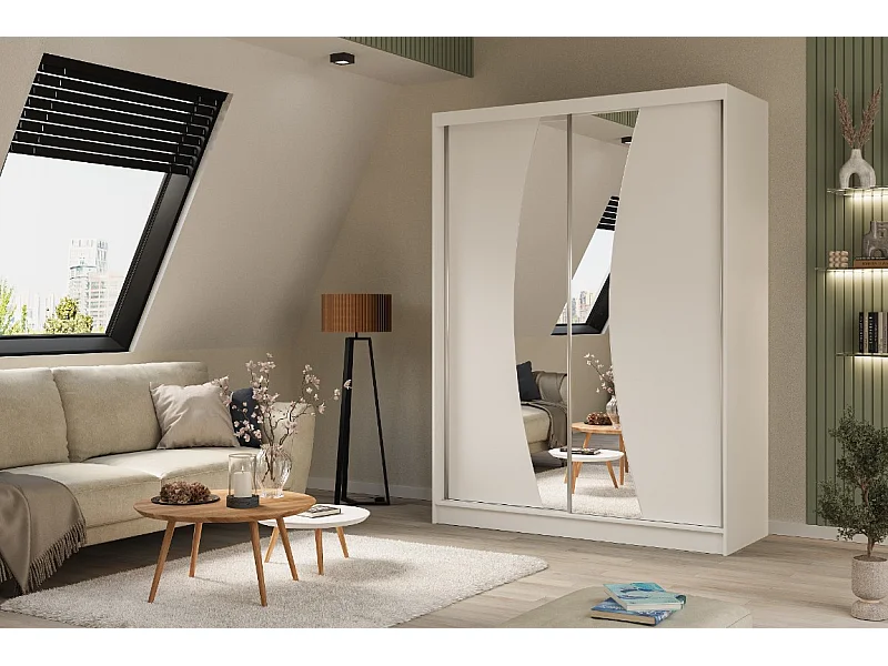 160 cm Kleiderschrank Vex mit Spiegel inklusive 2 Schiebetüren Schwebetürenschrank (Farbe: weiß)