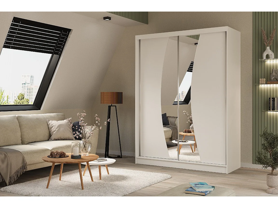 160 cm Kleiderschrank Vex mit Spiegel inklusive 2 Schiebetüren Schwebetürenschrank (Farbe: weiß)