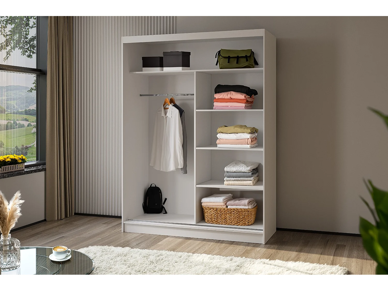 160 cm Kleiderschrank Vex mit Spiegel inklusive 2 Schiebetüren Schwebetürenschrank (Farbe: weiß)