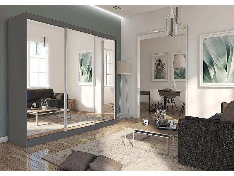 240 cm Kleiderschrank Darix mit Spiegel inklusive 3 Schiebetüren Schwebetürenschrank (Farbe: graphit)