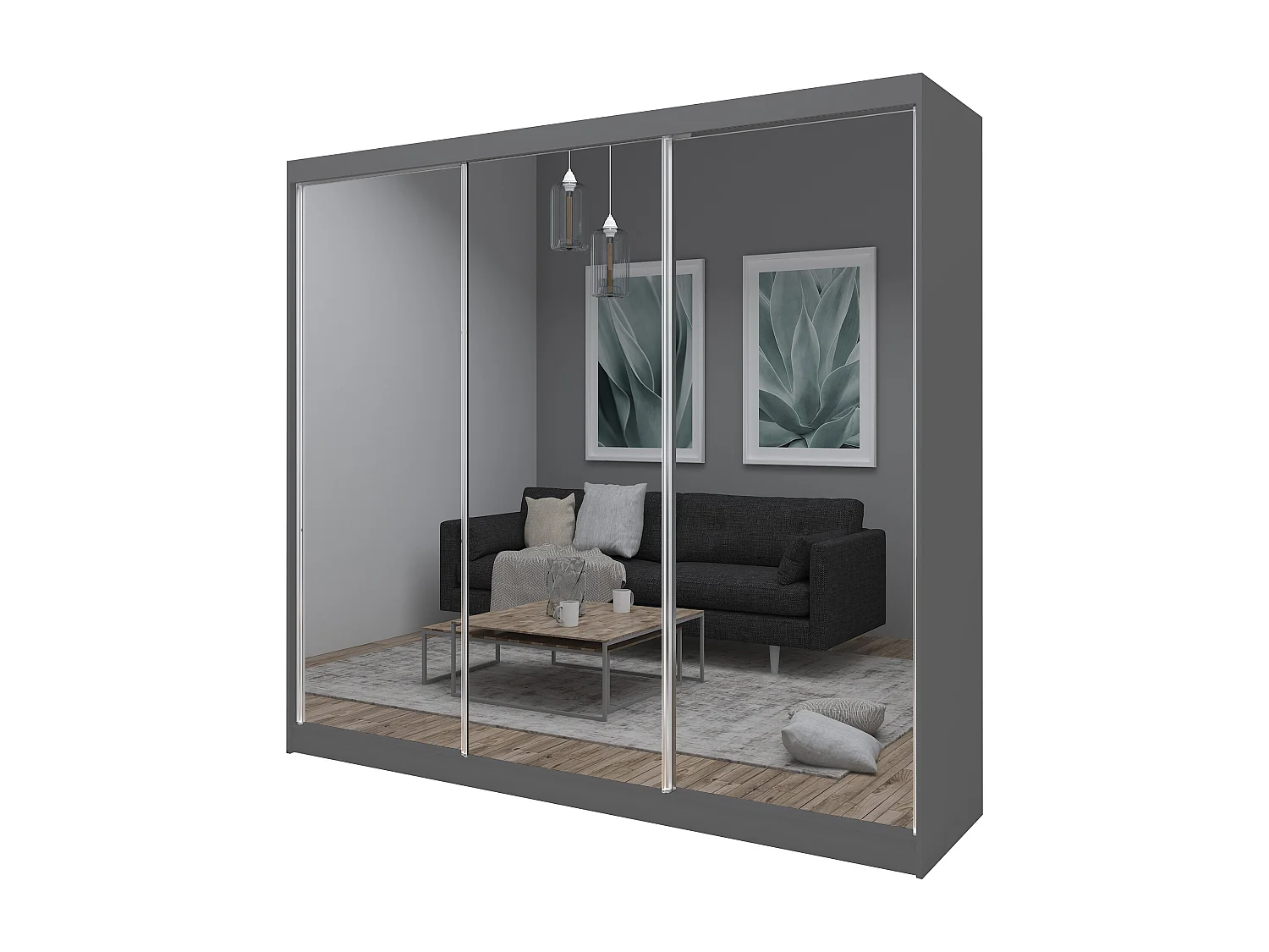 240 cm Kleiderschrank Darix mit Spiegel inklusive 3 Schiebetüren Schwebetürenschrank (Farbe: graphit)