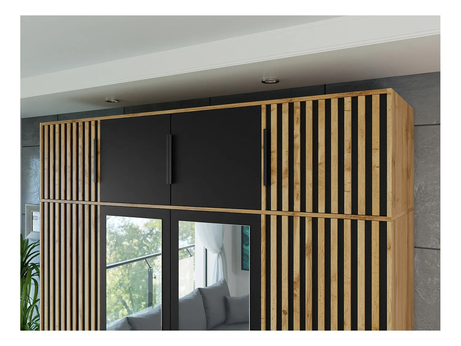 Aparador Enolevo 107, Negro|Roble wotan, 45x196x58cm, Aglomerado laminado