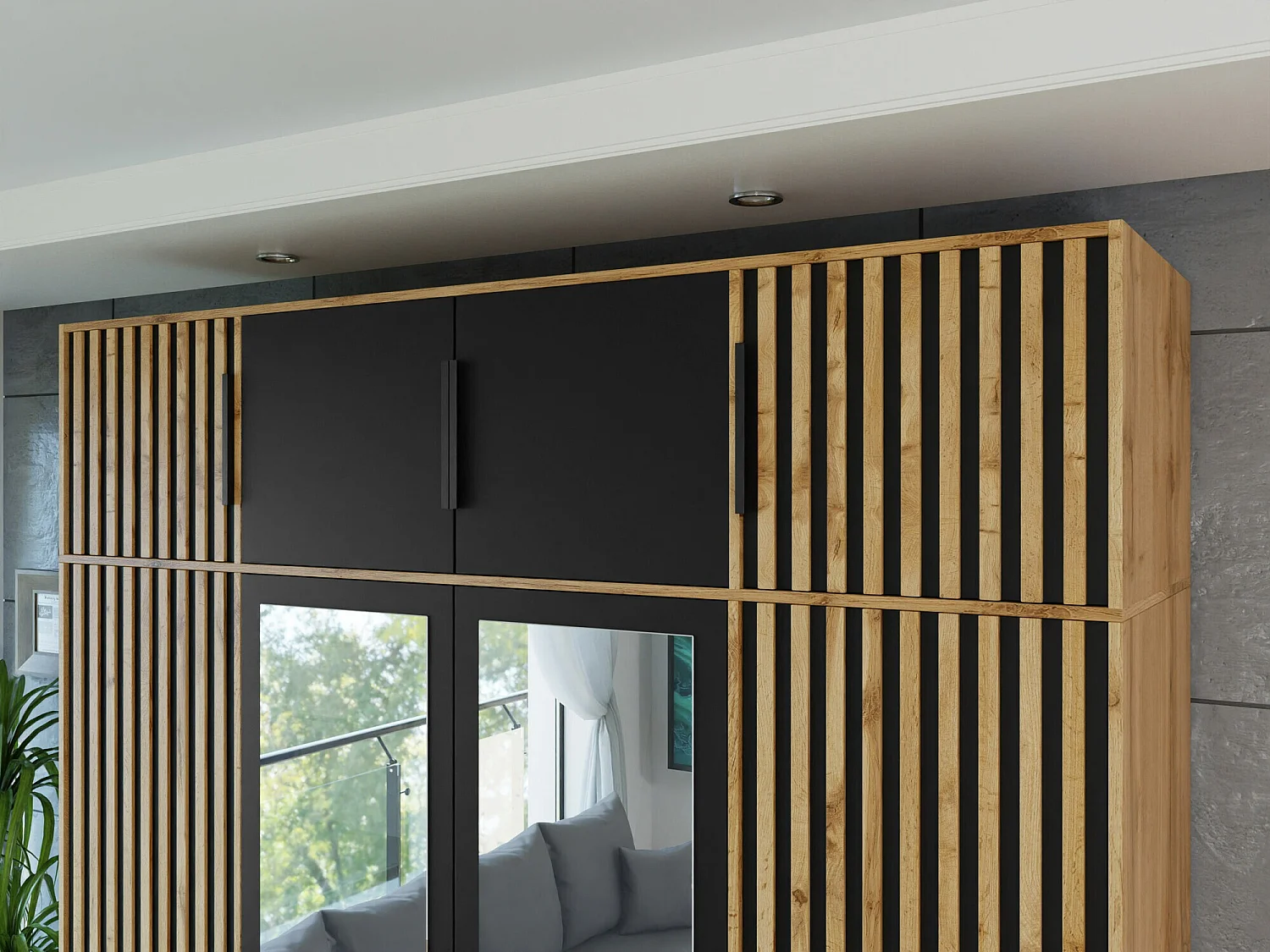 Aparador Enolevo 107, Negro|Roble wotan, 45x196x58cm, Aglomerado laminado