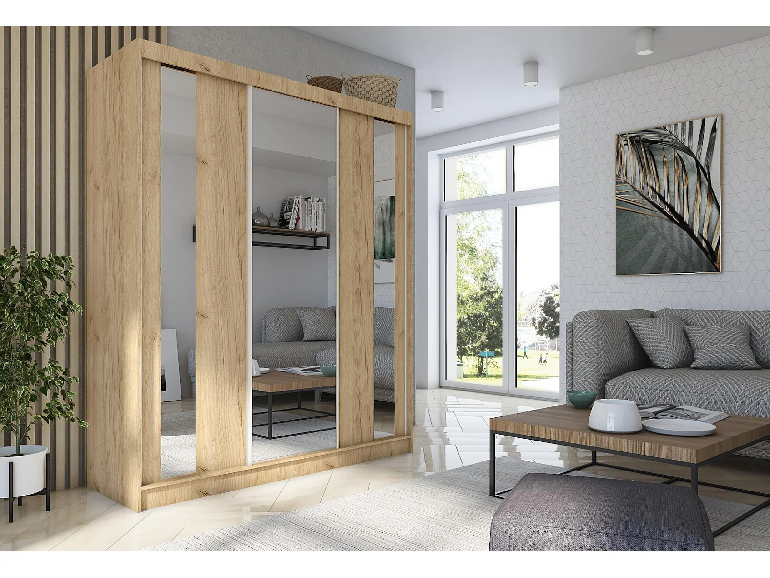 180 cm Kleiderschrank Gabo mit Spiegel inklusive 3 Schiebetüren Schwebetürenschrank (Farbe: artisan)