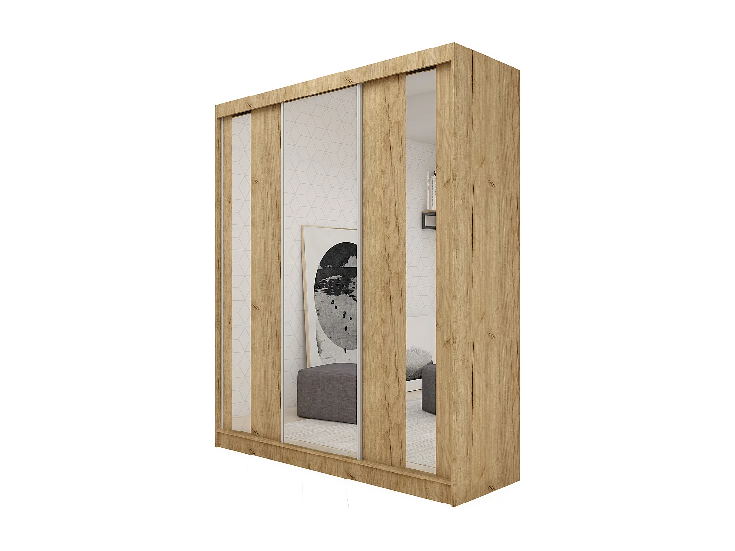 180 cm Kleiderschrank Gabo mit Spiegel inklusive 3 Schiebetüren Schwebetürenschrank (Farbe: artisan)