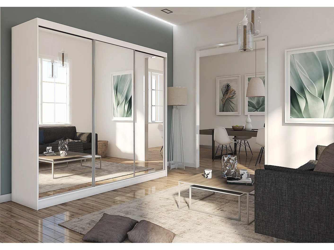 240 cm Kleiderschrank Darix mit Spiegel inklusive 3 Schiebetüren Schwebetürenschrank (Farbe: weiß)