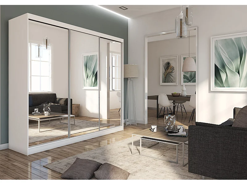 240 cm Kleiderschrank Darix mit Spiegel inklusive 3 Schiebetüren Schwebetürenschrank (Farbe: weiß)
