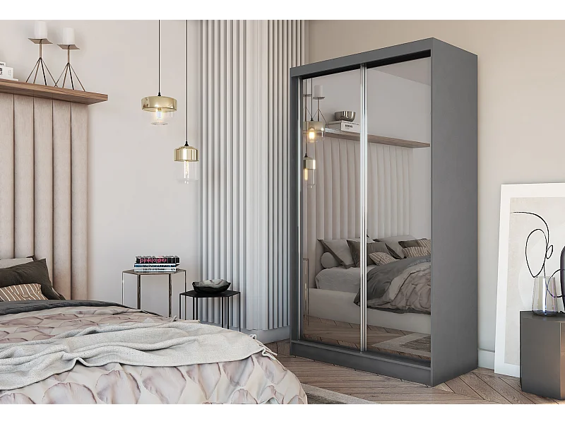 120 cm Kleiderschrank Darix mit Spiegel inklusive 2 Schiebetüren Schwebetürenschrank (Farbe: graphit)