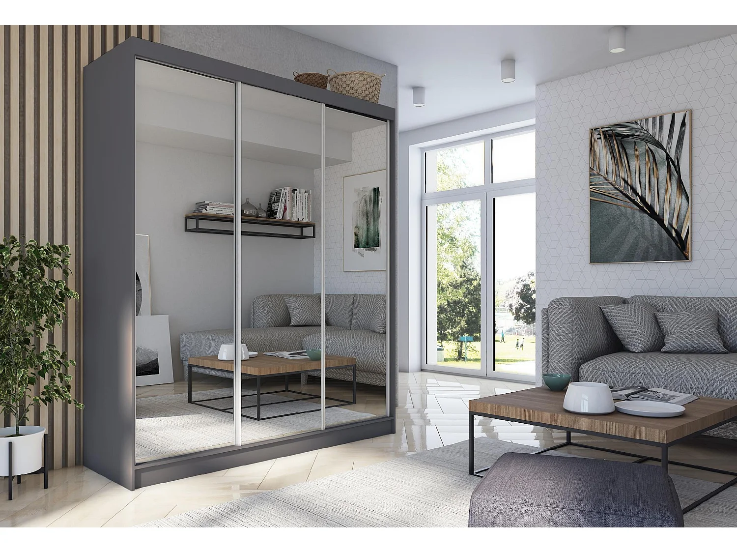 180 cm Kleiderschrank Darix mit Spiegel inklusive 3 Schiebetüren Schwebetürenschrank (Farbe: graphit)