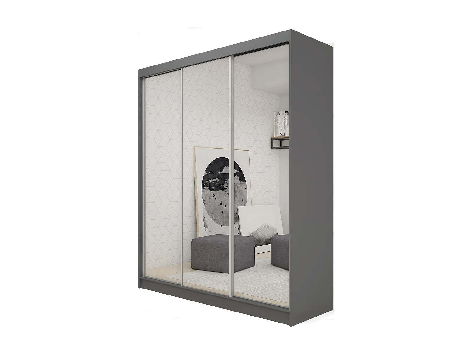 180 cm Kleiderschrank Darix mit Spiegel inklusive 3 Schiebetüren Schwebetürenschrank (Farbe: graphit)