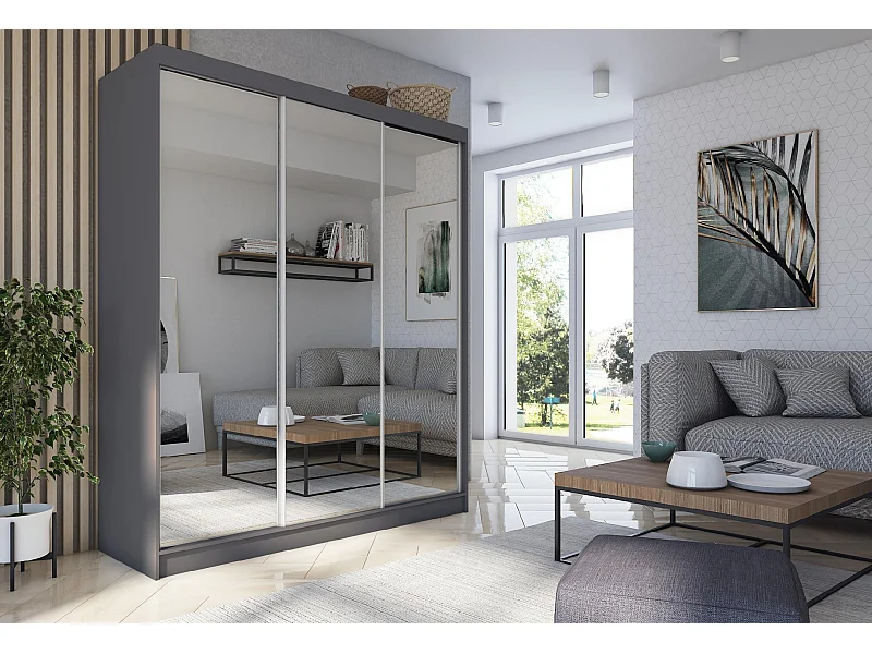 180 cm Kleiderschrank Darix mit Spiegel inklusive 3 Schiebetüren Schwebetürenschrank (Farbe: graphit)