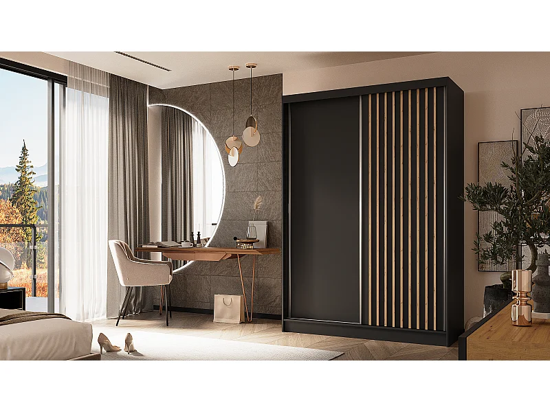 150 cm Kleiderschrank Erika mit Lamellen ohne Spiegel inklusive 2 Schiebetüren Schwebetürenschrank (Farbe: schwarz, schwarz, Lamelle Artisan)