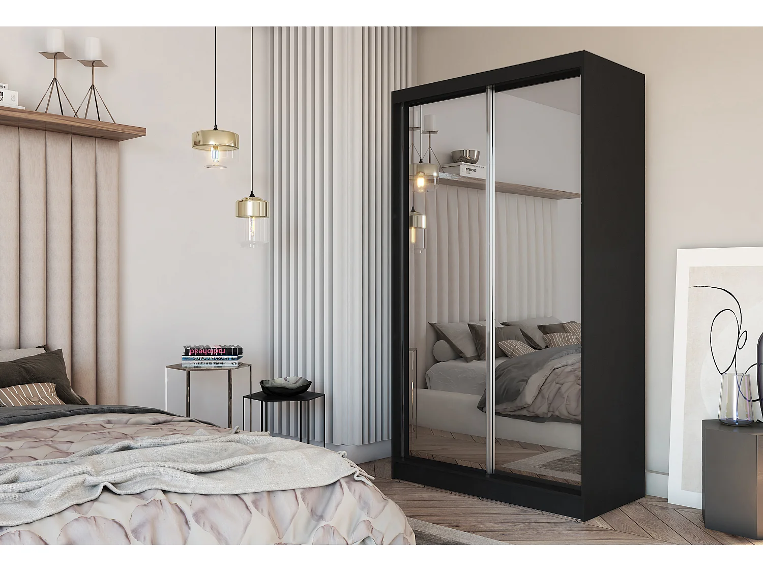 120 cm Kleiderschrank Darix mit Spiegel inklusive 2 Schiebetüren Schwebetürenschrank (Farbe: schwarz)