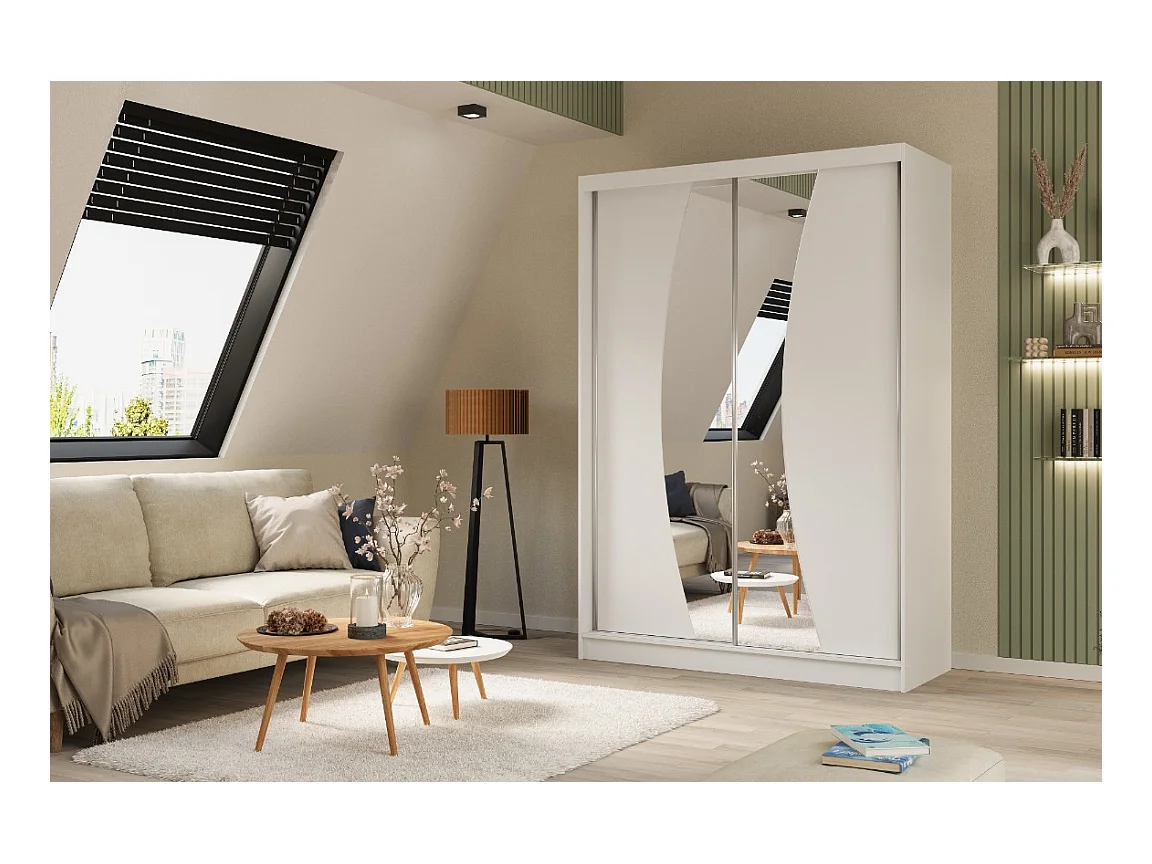 150 cm Kleiderschrank Vex mit Spiegel inklusive 2 Schiebetüren Schwebetürenschrank (Farbe: weiß)