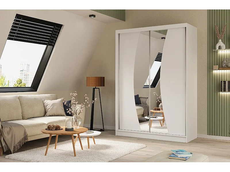 150 cm Kleiderschrank Vex mit Spiegel inklusive 2 Schiebetüren Schwebetürenschrank (Farbe: weiß)