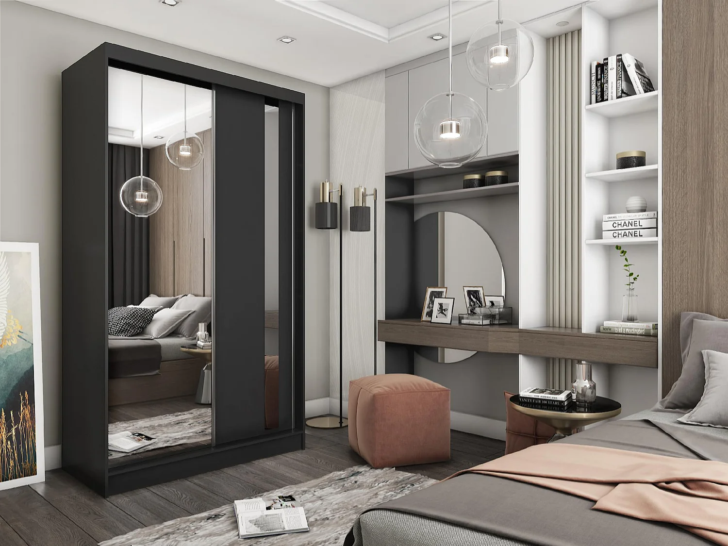 150 cm Kleiderschrank Gabo mit Spiegel inklusive 2 Schiebetüren Schwebetürenschrank (Farbe: schwarz)