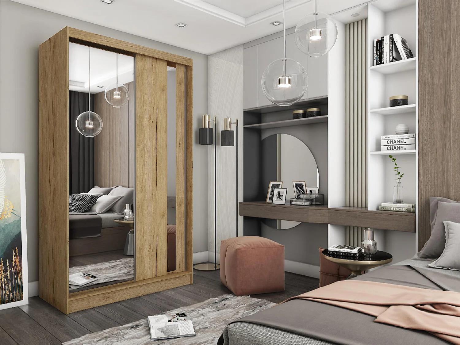 120 cm Kleiderschrank Gabo mit Spiegel inklusive 2 Schiebetüren Schwebetürenschrank (Farbe: artisan)