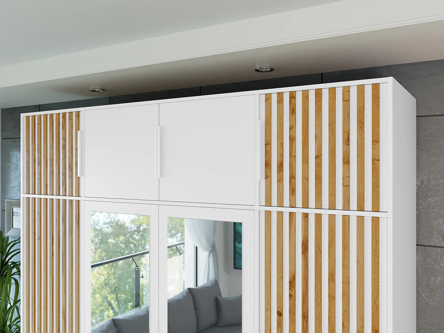 Aparador Enolevo 107, Blanco|Roble wotan, 45x196x58cm, Aglomerado laminado