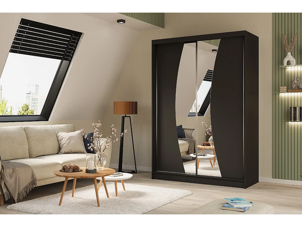 150 cm Kleiderschrank Vex mit Spiegel inklusive 2 Schiebetüren Schwebetürenschrank (Farbe: schwarz)