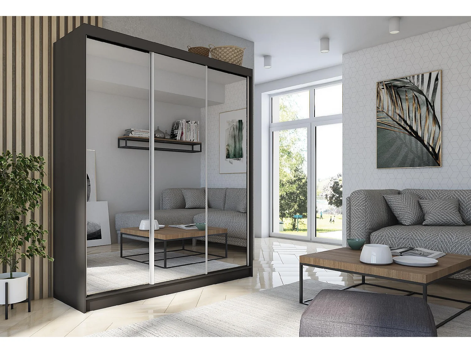 180 cm Kleiderschrank Darix mit Spiegel inklusive 3 Schiebetüren Schwebetürenschrank (Farbe: schwarz)