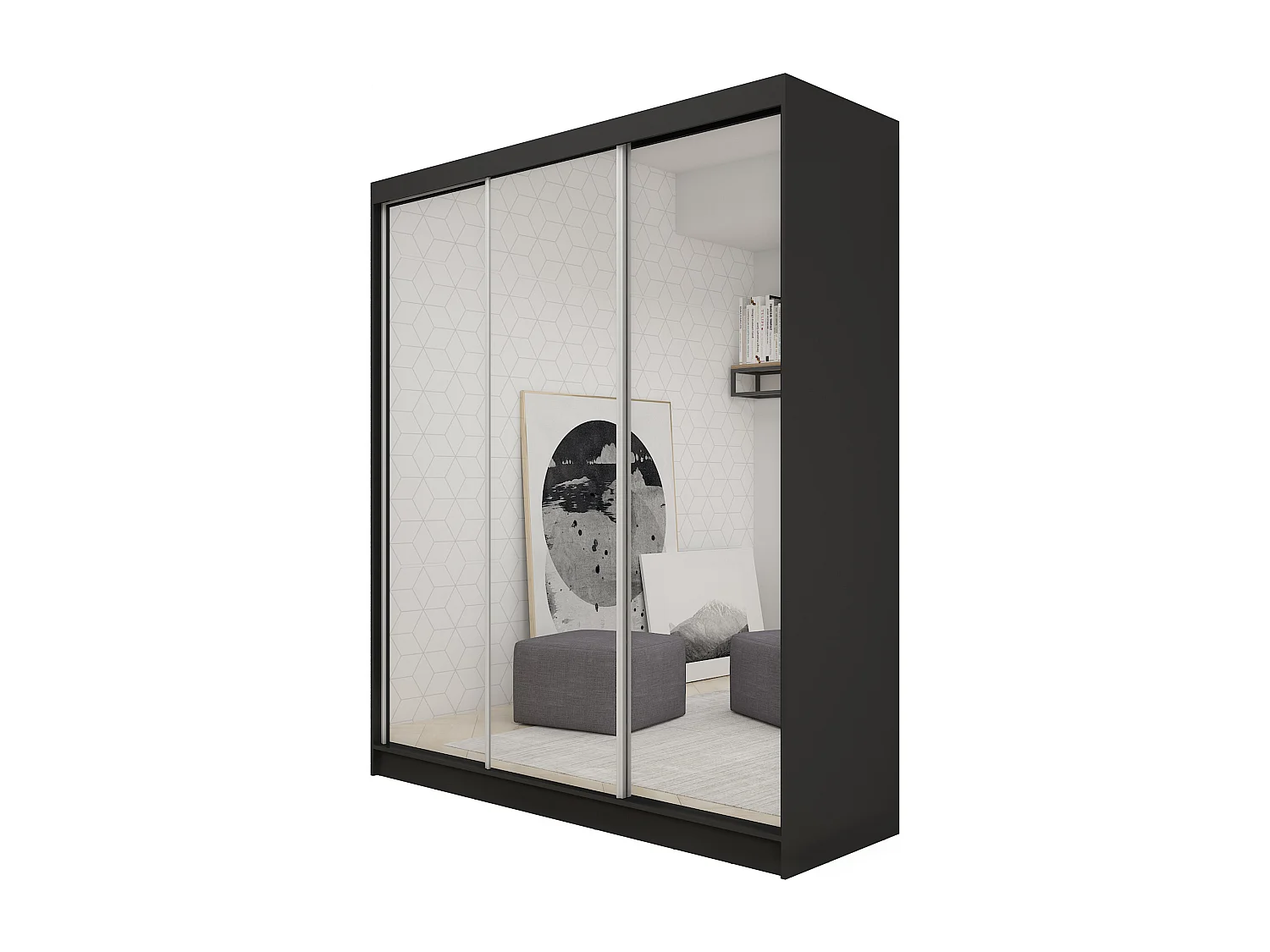 180 cm Kleiderschrank Darix mit Spiegel inklusive 3 Schiebetüren Schwebetürenschrank (Farbe: schwarz)