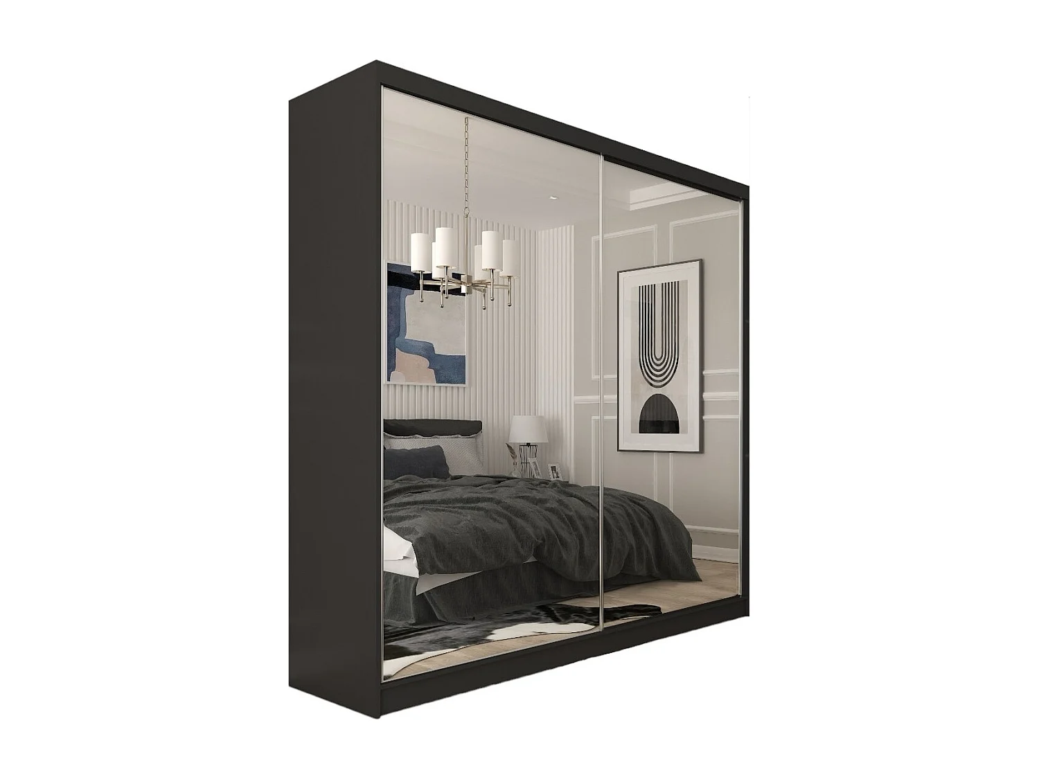 200 cm Kleiderschrank Darix mit Spiegel inklusive 2 Schiebetüren Schwebetürenschrank (Farbe: schwarz)