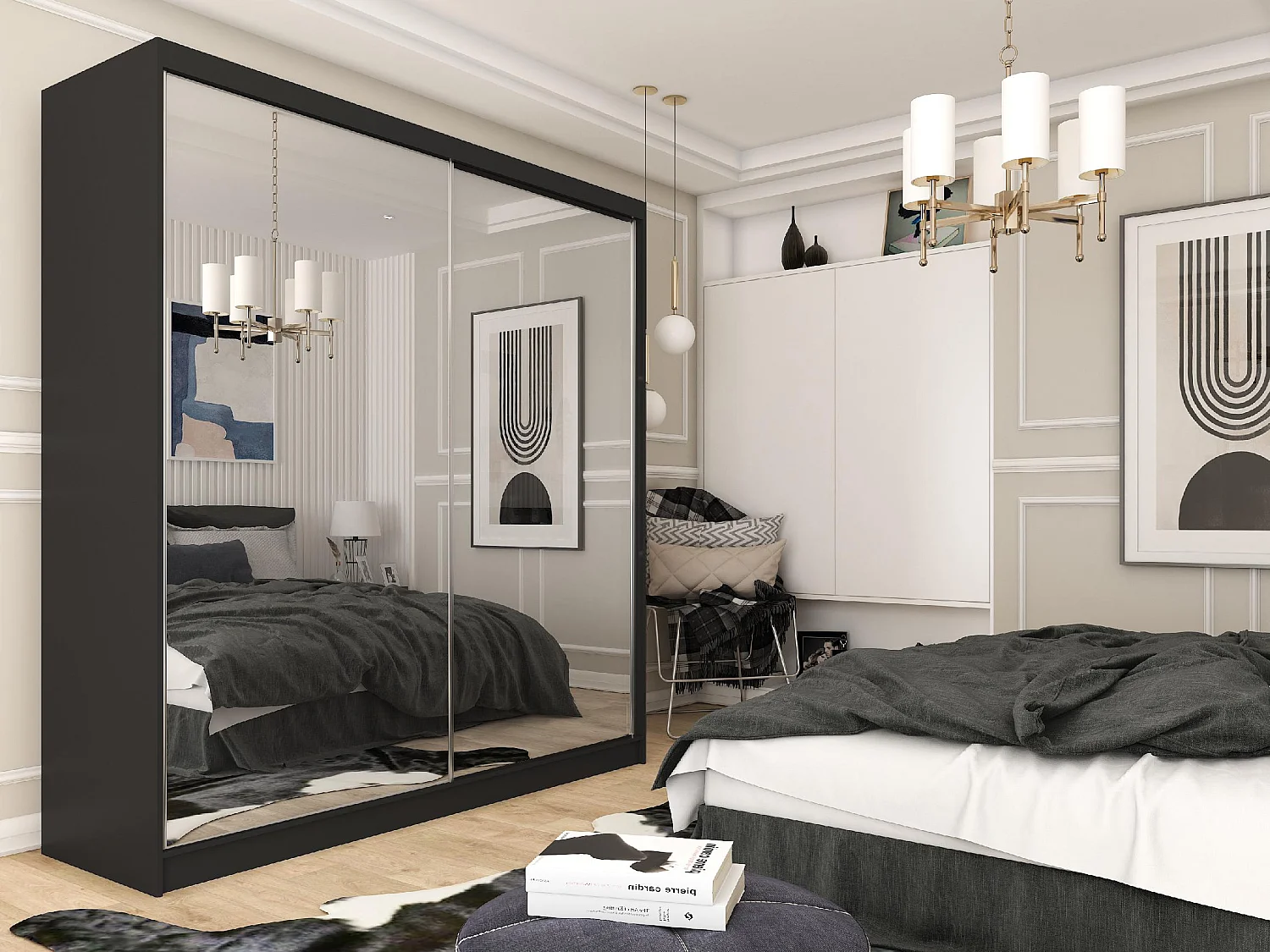 200 cm Kleiderschrank Darix mit Spiegel inklusive 2 Schiebetüren Schwebetürenschrank (Farbe: schwarz)