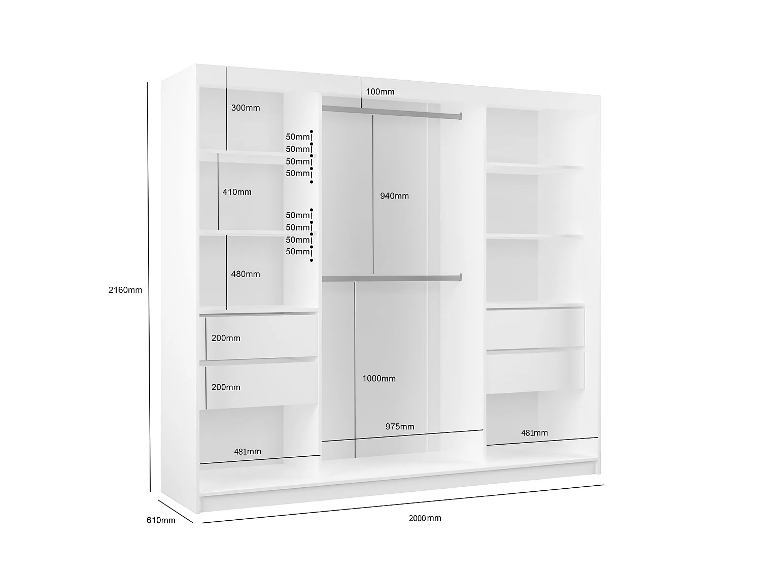 200 cm Kleiderschrank Darix mit Spiegel inklusive 2 Schiebetüren Schwebetürenschrank (Farbe: schwarz)