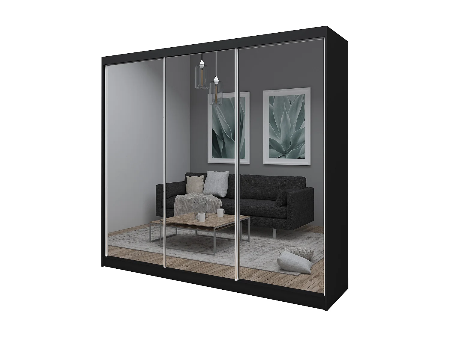 240 cm Kleiderschrank Darix mit Spiegel inklusive 3 Schiebetüren Schwebetürenschrank (Farbe: schwarz)