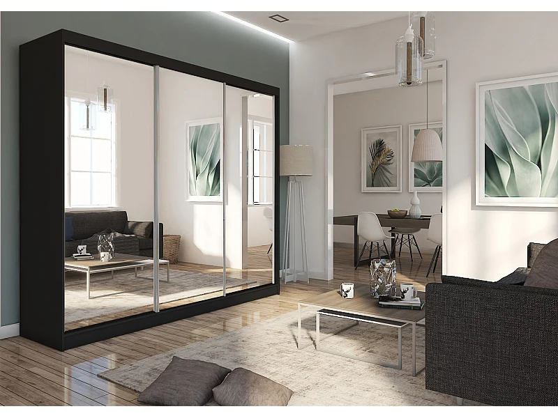 240 cm Kleiderschrank Darix mit Spiegel inklusive 3 Schiebetüren Schwebetürenschrank (Farbe: schwarz)