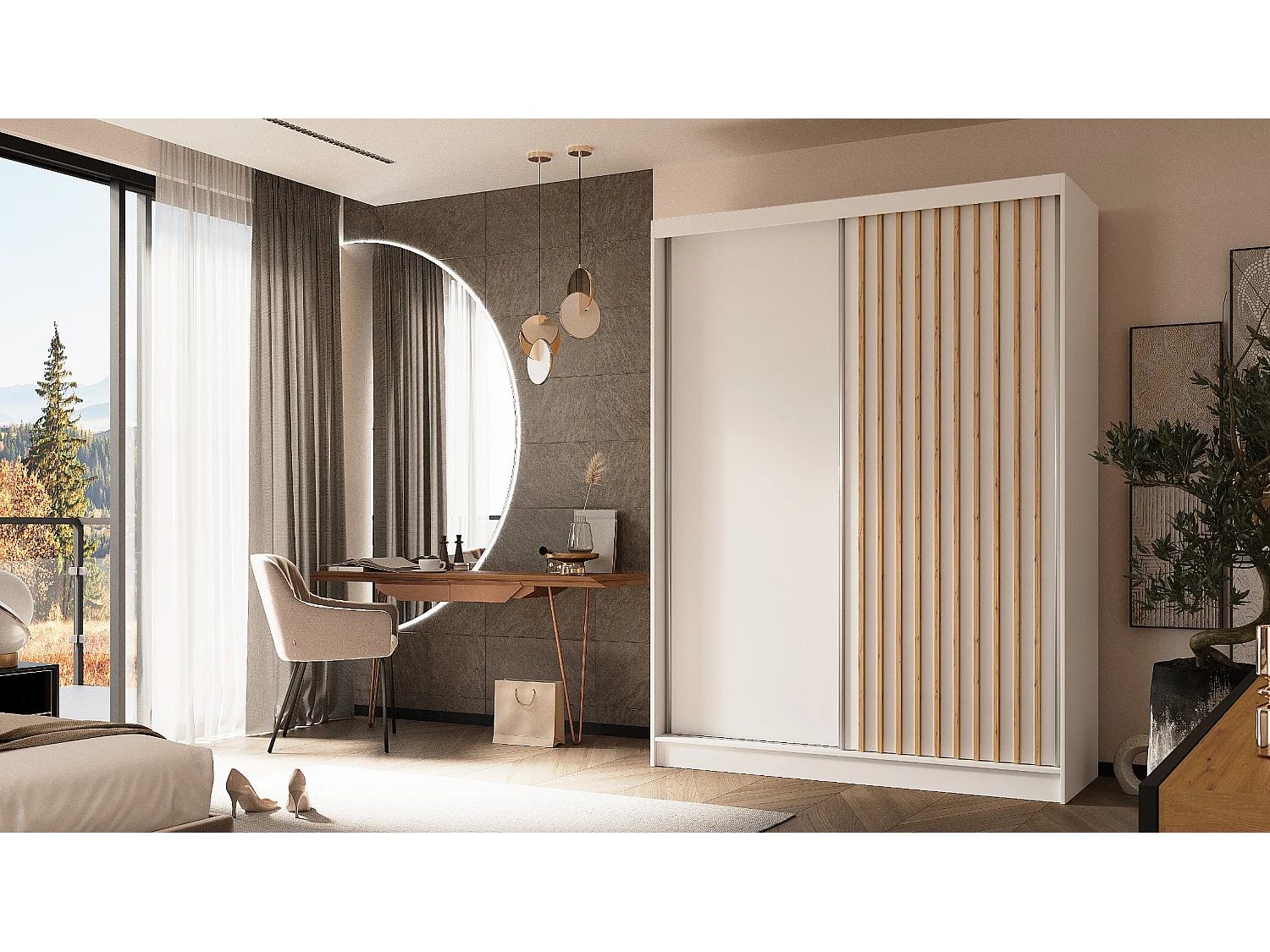 160 cm Kleiderschrank Erika mit Lamellen ohne Spiegel inklusive 2 Schiebetüren Schwebetürenschrank (Farbe: weiß, weiß, Lamelle Artisan)Artisan)