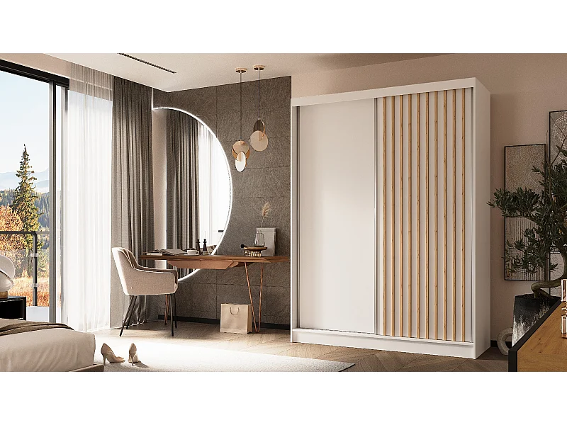 160 cm Kleiderschrank Erika mit Lamellen ohne Spiegel inklusive 2 Schiebetüren Schwebetürenschrank (Farbe: weiß, weiß, Lamelle Artisan)Artisan)