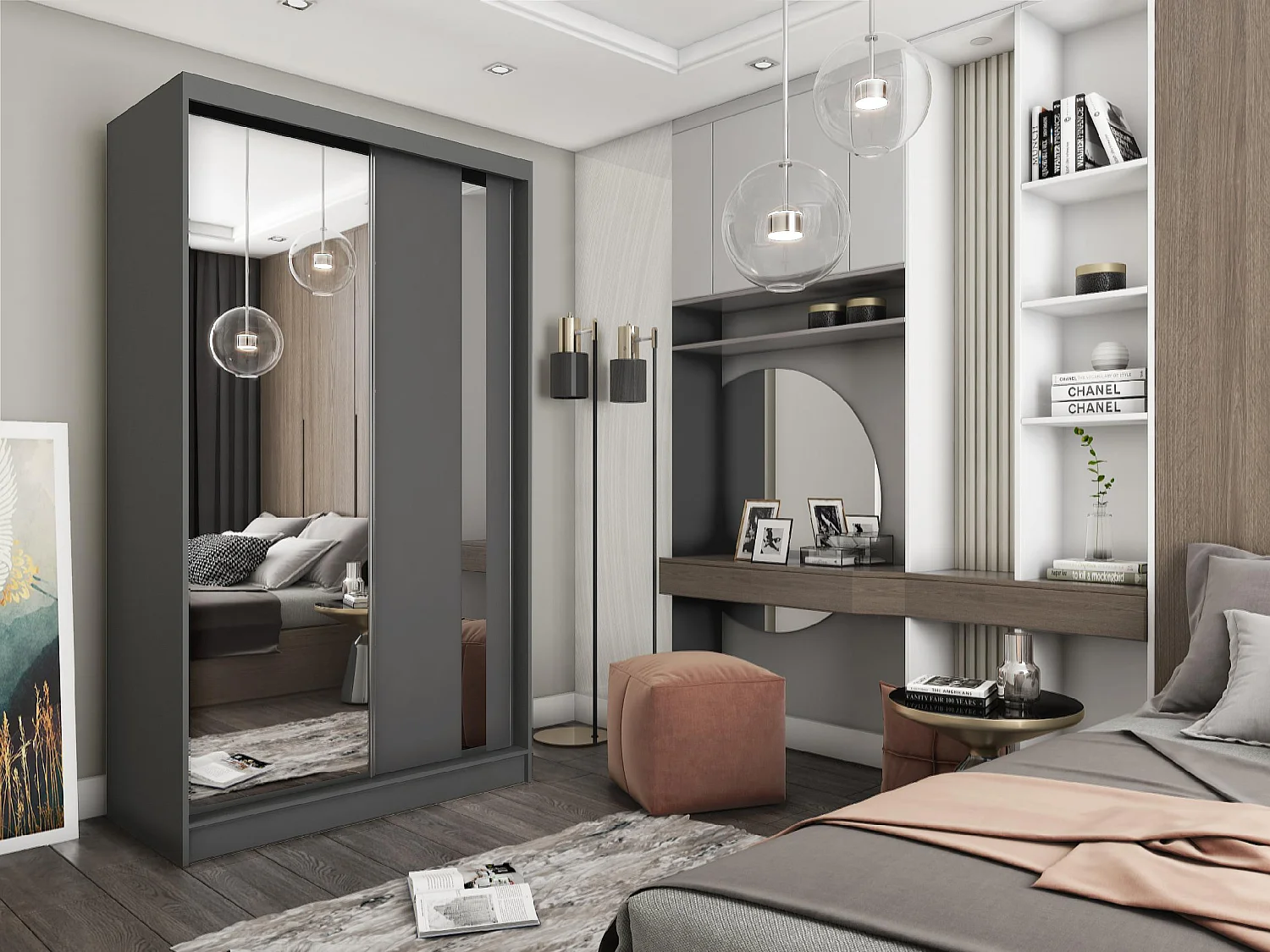 150 cm Kleiderschrank Gabo mit Spiegel inklusive 2 Schiebetüren Schwebetürenschrank (Farbe: graphit)