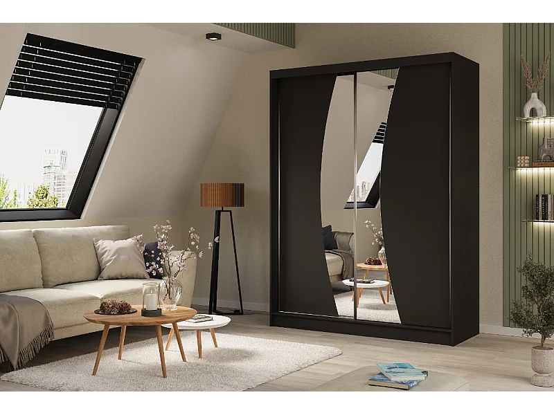 160 cm Kleiderschrank Vex mit Spiegel inklusive 2 Schiebetüren Schwebetürenschrank (Farbe: schwarz)