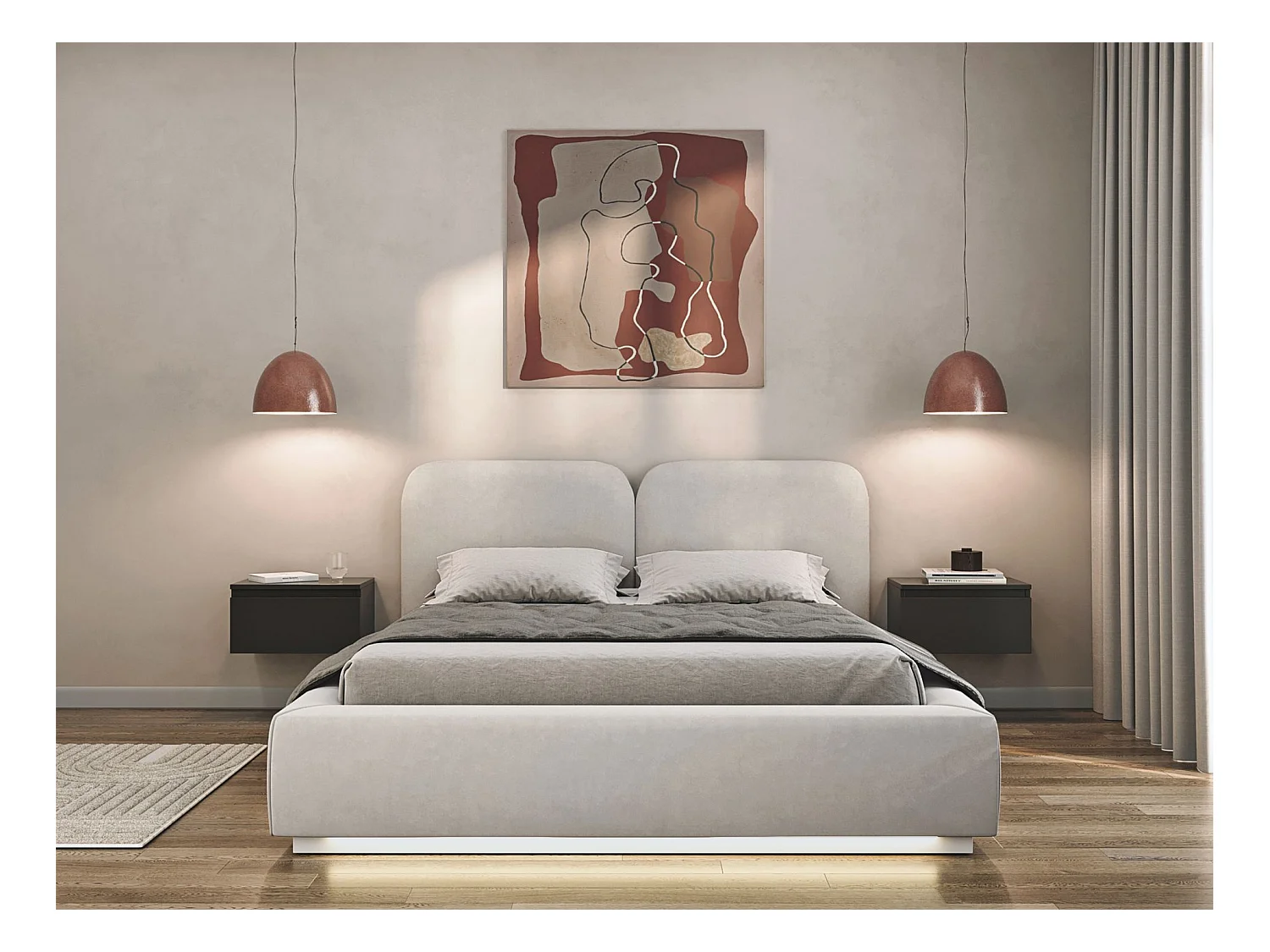 Gestoffeerd bed 180x200 met velours bekleding – LED, bedbox en lattenbodem – Greige – COMOVES