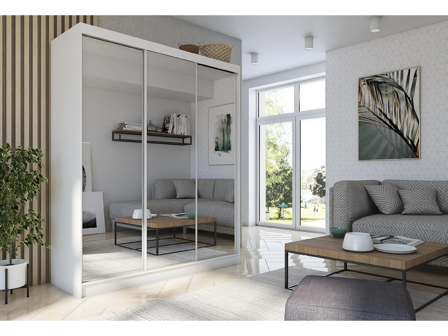 180 cm Kleiderschrank Darix mit Spiegel inklusive 3 Schiebetüren Schwebetürenschrank (Farbe: weiß)